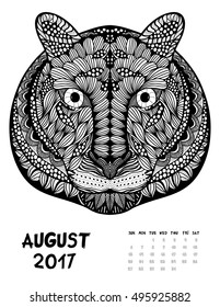 April 2017 calendar Zendoodle style, start on sunday, Funny tiger. Patterned zentangle, black and white. For Print anti-stress coloring books for different ages peoples. set #1