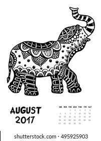 April 2017 calendar Zendoodle style, start on sunday, Funny Elephant. Patterned zentangle, black and white. For Print anti-stress coloring books for different ages peoples. set #2