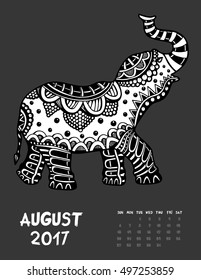 April 2017 calendar Zendoodle style. Elephant. Patterned zentangle, black and white. For Print anti-stress coloring books for different ages peoples. set #3