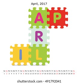 Calendario de rompecabezas de abril de 2017 - ilustración vectorial