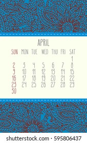 April 2017 vector calendar over lacy doodle blue and red hand drawn background, week starting from Sunday.