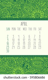 April 2017 vector calendar over green lacy doodle hand drawn background, week starting from Sunday.