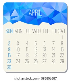 April 2017 vector calendar. Week starting from Sunday. Contemporary low poly design in blue color.