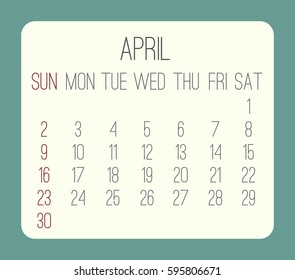 April 2017 vector calendar. Week starting from Sunday. Beige rounded rectangle over teal background.