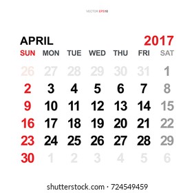April 2017. Vector monthly calendar template 2017 year in simple style for template design. Week starts from Sunday.