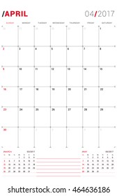 April 2017. Vector Print Template. Monthly Calendar Planner for 2017 Year. Week Starts Sunday. 3 Months on the Page. Stationery Design