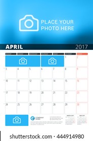 April 2017. Wall Calendar Planner Template for 2017 Year. Vector Design Print Template with Place for Photo and Notes. Week Starts Monday. 3 Months on Page