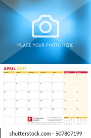 April 2017. Wall Calendar Planner for 2017 Year. Vector Print Template with Place for Photo. Week Starts Monday. 3 Months on Page