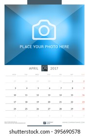 April 2017. Wall Monthly Calendar for 2017 Year. Vector Design Print Template with Place for Photo. Week Starts Monday. Portrait Orientation