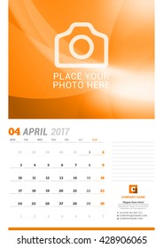 April 2017. Wall Monthly Calendar for 2017 Year. Vector Design Print Template with Place for Photo. Week Starts Monday. Planner Template. Stationery Design