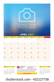 April 2017. Wall Monthly Calendar for 2017 Year. Vector Design Print Template with Place for Photo. Week Starts Monday. 3 Months on Page. Planner Template. Stationery Design