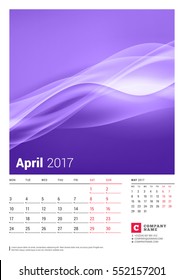 April 2017. Wall Monthly Calendar for 2017 Year. Vector Design Print Template with Place for Photo. Week Starts Monday. 2 Months on Page