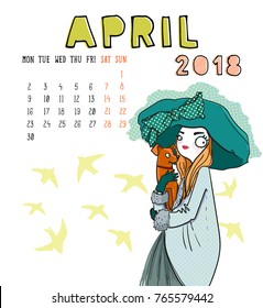 April. 2018 calendar. Cute girl with dog. Can be used like greeting cards.