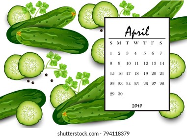 April 2018 calendar page with cucumber pattern background. Vector illustrations