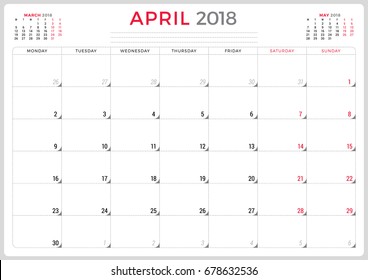 April 2018. Calendar planner design template. Week starts on Monday. Stationery design