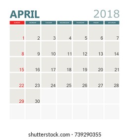 April 2018 calendar. Calendar planner design template. Week starts on Sunday. Business vector illustration.