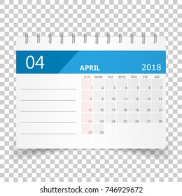 April 2018 calendar. Calendar planner design template. Week starts on Sunday. Business vector illustration.