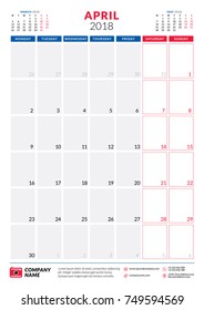 April 2018. Calendar planner design template. Portrait orientation. Week starts on Monday. Stationery design