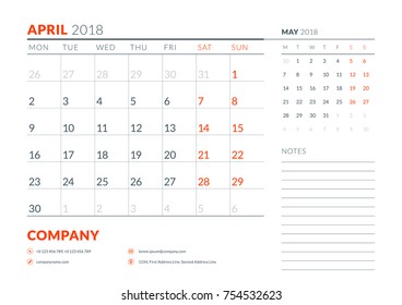 April 2018. Calendar planner design template. Week starts on Monday. Stationery design