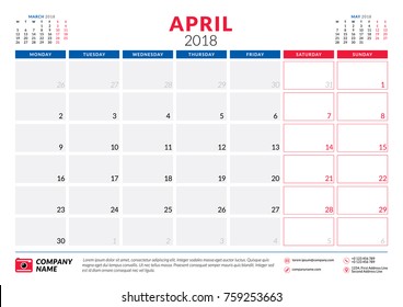 April 2018. Calendar planner design template. Week starts on Monday. Stationery design