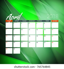 April 2018. Calendar planner design template with abstract green background. Week starts on Sunday