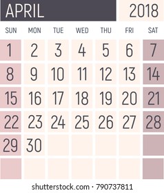 April 2018 Calendar planner design template. Lokanichny style. Vector