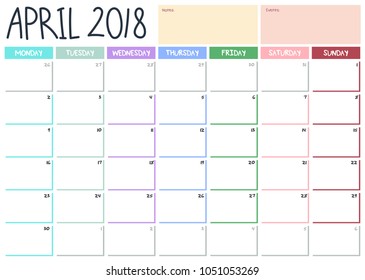 April 2018 calendar planner vector illustration, simple and clean design. Week starts on Monday.