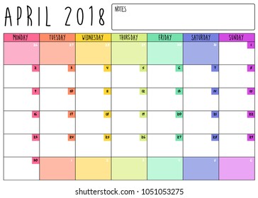 April 2018 calendar planner vector illustration, simple and clean design. Week starts on Monday.