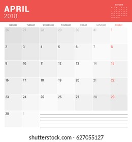 April 2018. Calendar planner vector design print template. Week starts on Monday. Stationery design