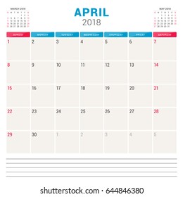 April 2018. Calendar planner vector design template. Week starts on Sunday. Stationery design