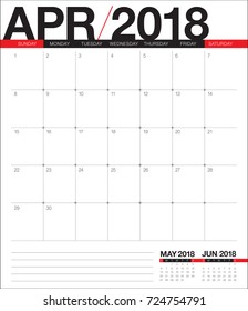 April 2018 calendar planner vector illustration, simple and clean design. 