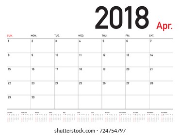 April 2018 calendar planner vector illustration, simple and clean design. 