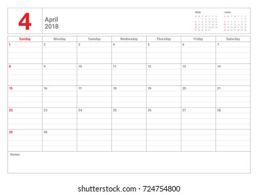 April 2018 calendar planner vector illustration, simple and clean design. 