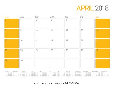 April 2018 calendar planner vector illustration, simple and clean design. 