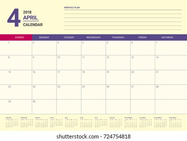 April 2018 calendar planner vector illustration, simple and clean design. 