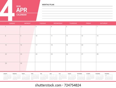 April 2018 calendar planner vector illustration, simple and clean design. 