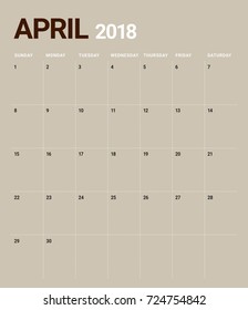 April 2018 calendar planner vector illustration, simple and clean design. 