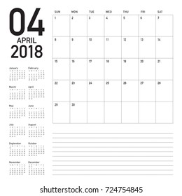 April 2018 calendar planner vector illustration, simple and clean design. 