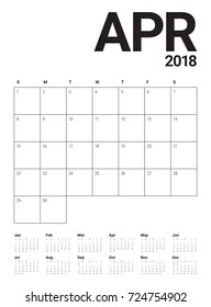 April 2018 calendar planner vector illustration, simple and clean design. 