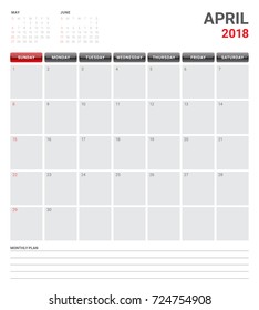 April 2018 calendar planner vector illustration, simple and clean design. 