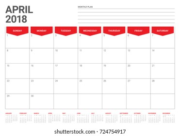 April 2018 calendar planner vector illustration, simple and clean design. 