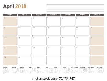 April 2018 calendar planner vector illustration, simple and clean design. 