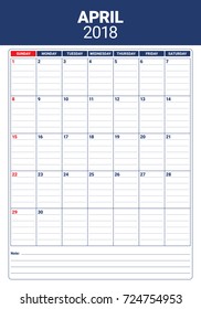 April 2018 calendar planner vector illustration, simple and clean design. 