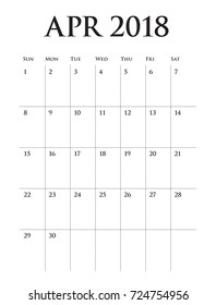 April 2018 calendar planner vector illustration, simple and clean design. 