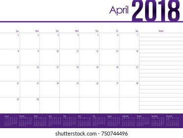 April 2018 calendar planner vector illustration, simple and clean design. 