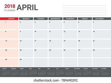 April 2018 calendar planner vector illustration, simple and clean design. 