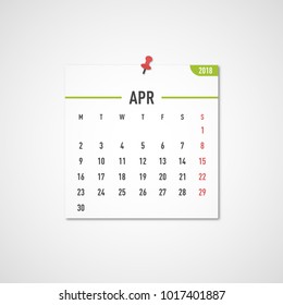 April 2018 calendar. Calendar sticker design template. Week starts on Monday. Business vector illustration.