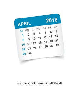 April 2018 calendar. Calendar sticker design template. Week starts on Sunday. Business vector illustration.