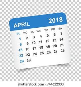 April 2018 calendar. Calendar sticker design template. Week starts on Sunday. Business vector illustration.