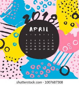 April : 2018 Calendar Template with Colorful Pattern : Vector Illustration